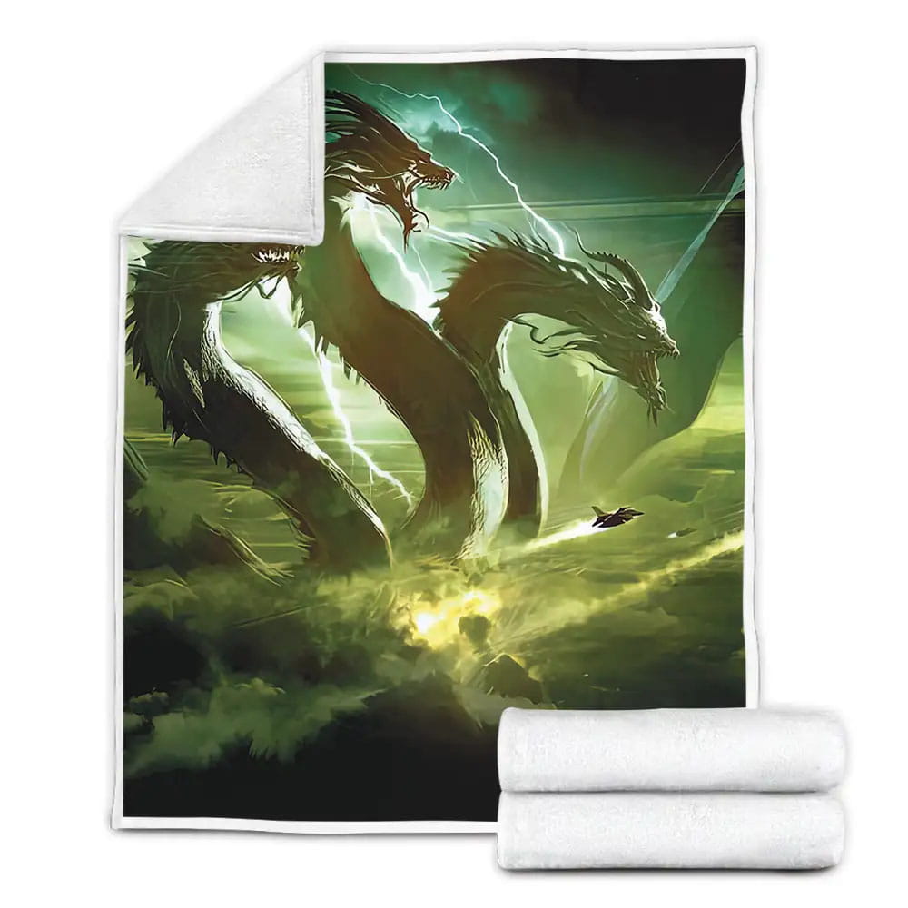 King Ghidorah In The Thunder Storm Digital Illustration Fleece Blanket Gift For Wife Husband Besties
