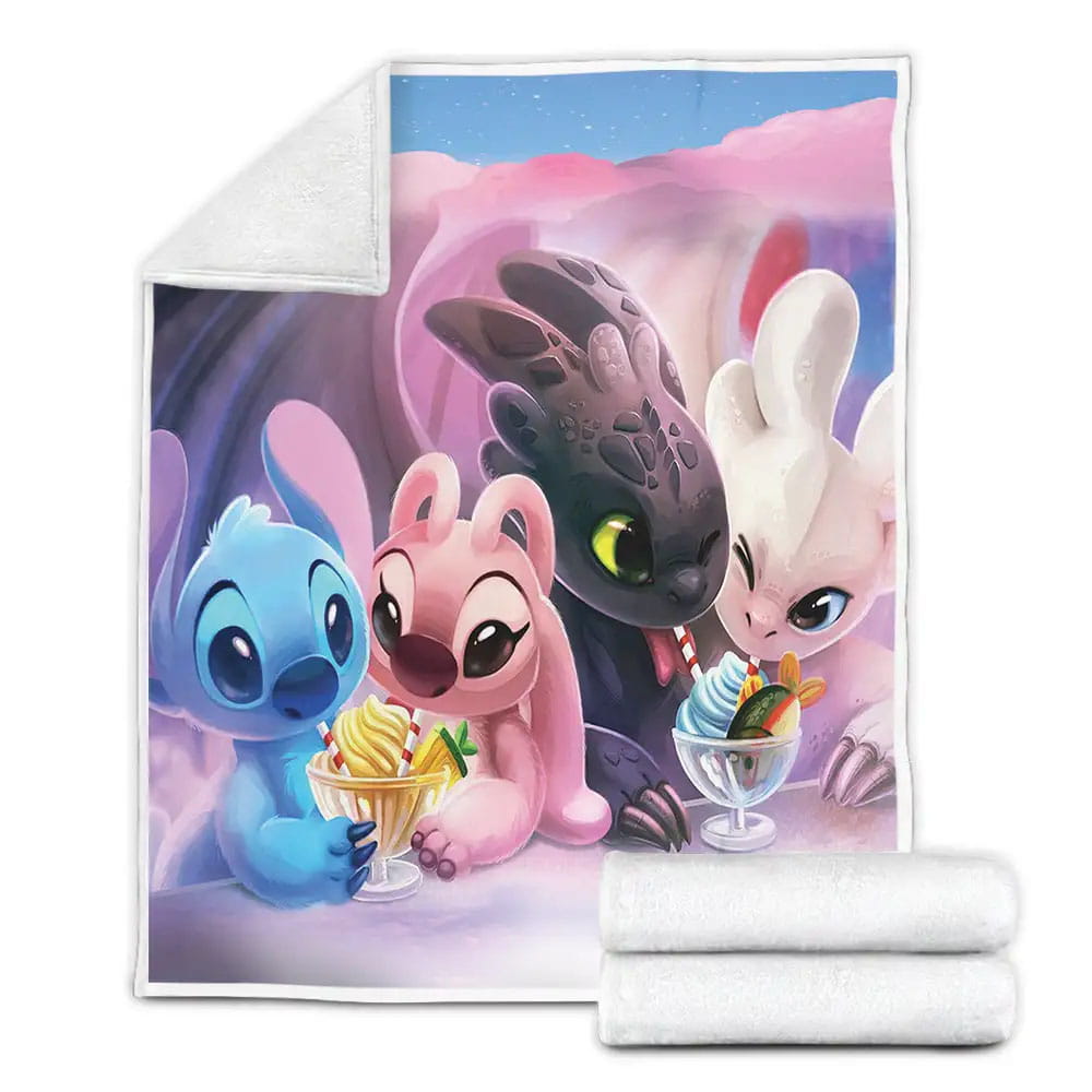 Stitch Toothless And Girl Friends Sweet How To Train Your Dragon Fleece Blanket Perfect 