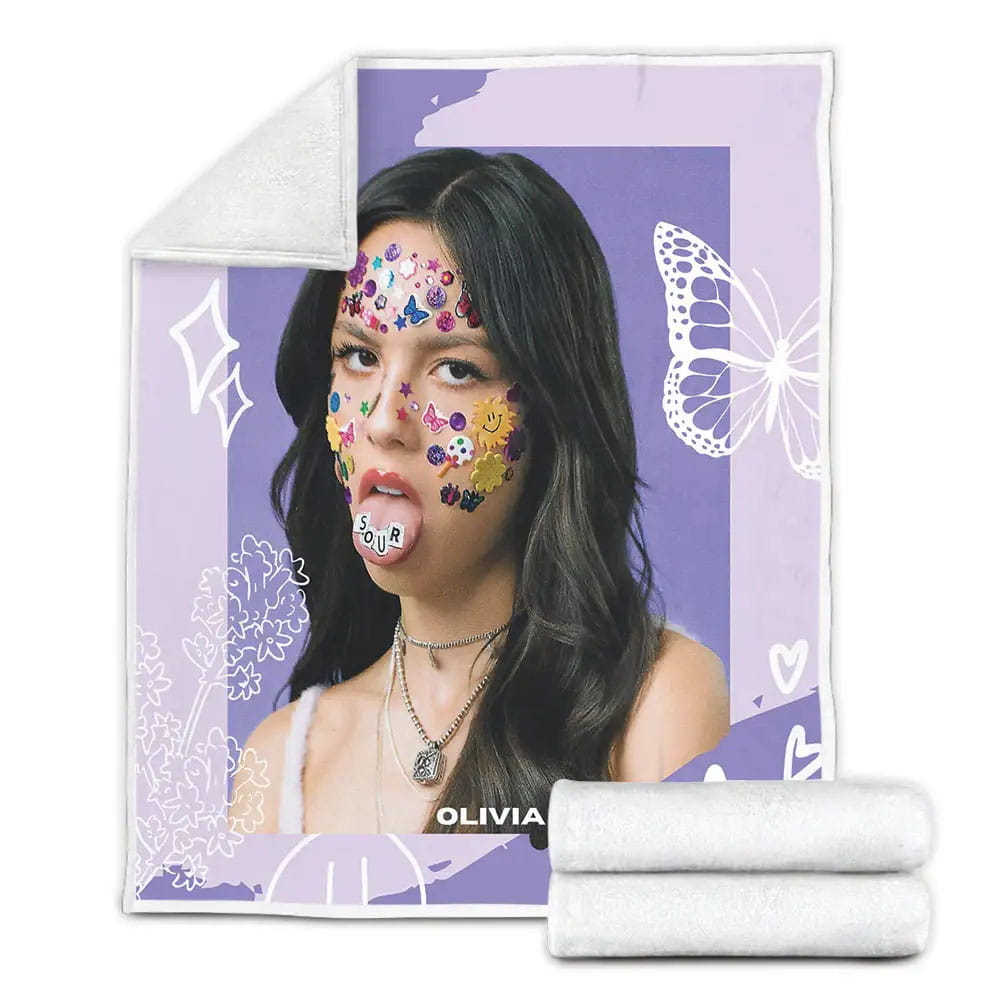 Olivia Rodrigo With Face Stickers Fleece Blanket Gift For Birthday Halloween Christmas Thanksgiving