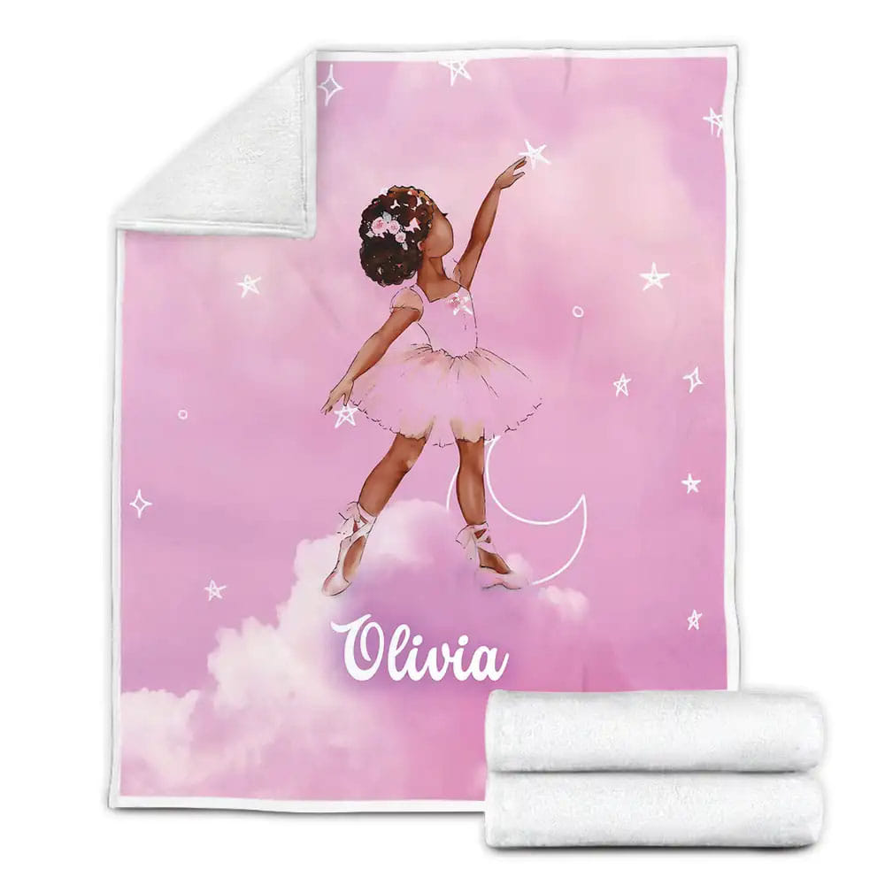 African American Ballerina With Rose Black Girl Magic Custom Name Fleece Blanket Perfect 