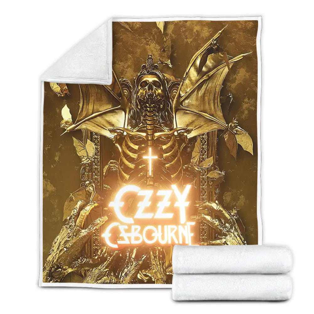 Ozzy Osbourne With Gold Skeleton And Bats Fleece Blanket Gift For Christmas Thanksgiving Halloween