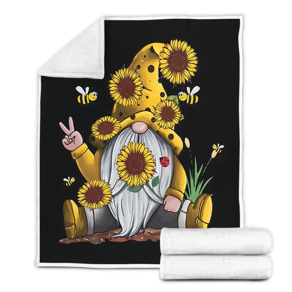 Sunflower Yellow Hippie Gnome Bees Fleece Blanket Gift For Birthday Halloween Christmas Thanksgiving