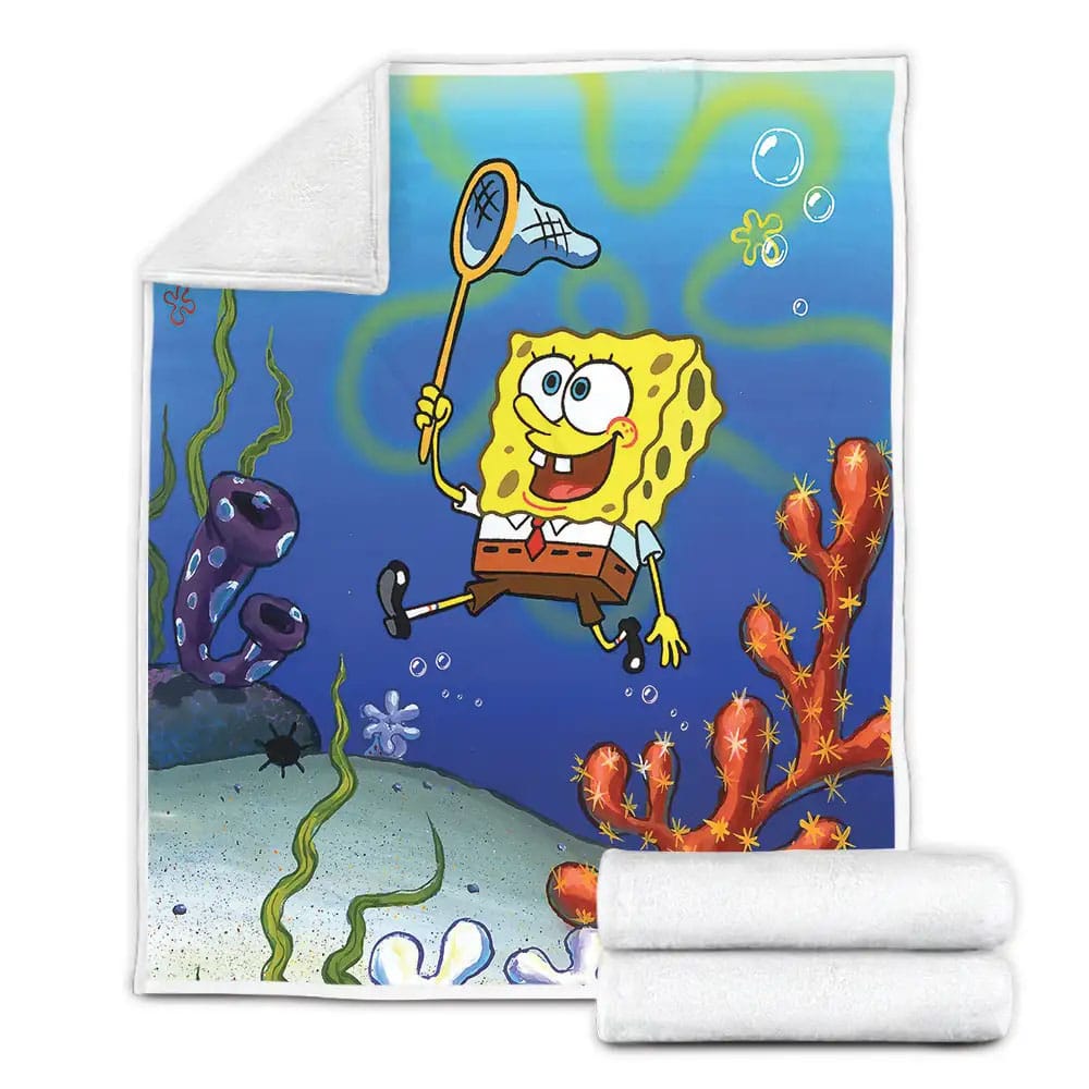 Spongebob Squarepants Catching Jellyfish Fleece Blanket Gift For Christmas Thanksgiving Halloween