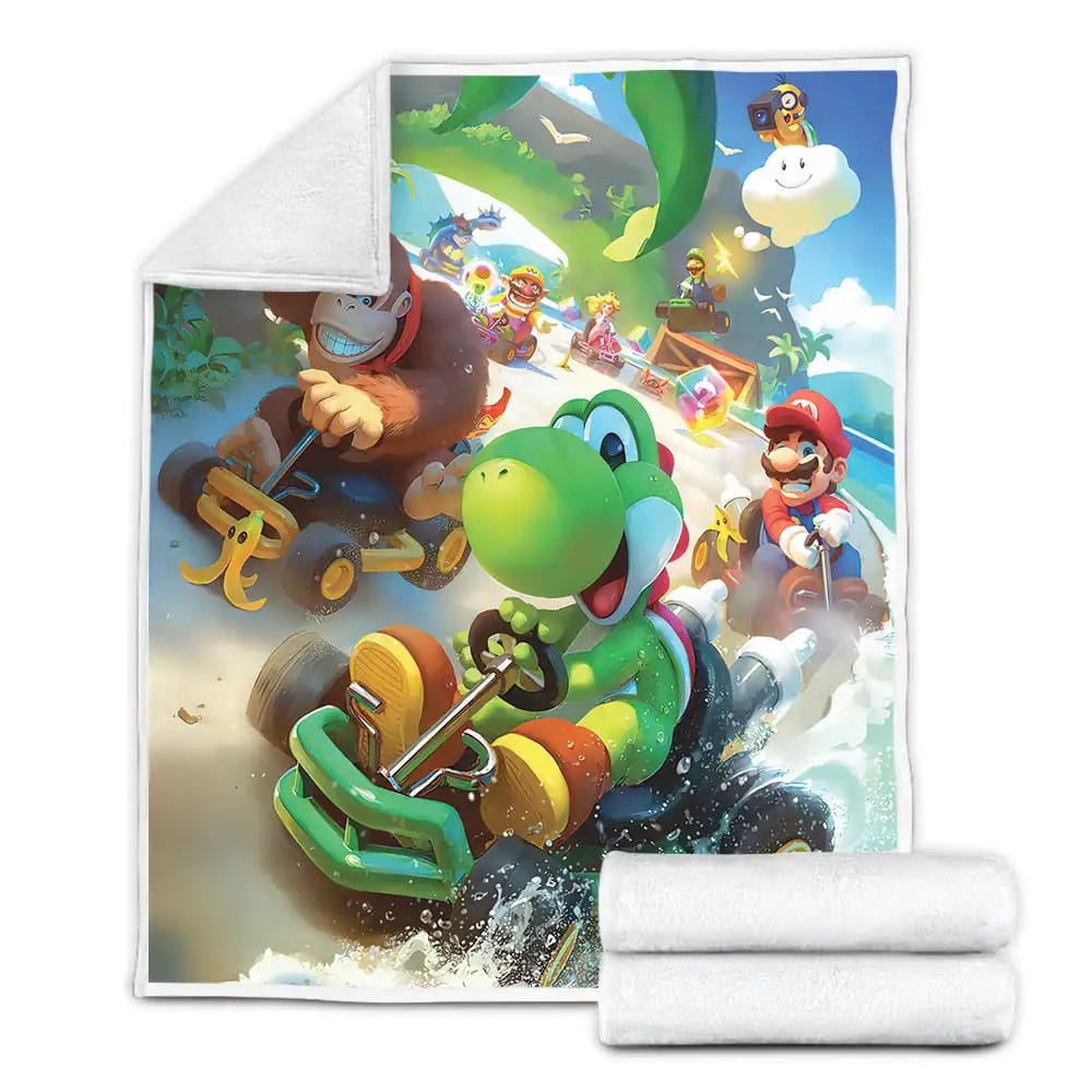 Super Mario Kart Game Racing On The Beach Fleece Blanket Gift For Christmas Thanksgiving Halloween