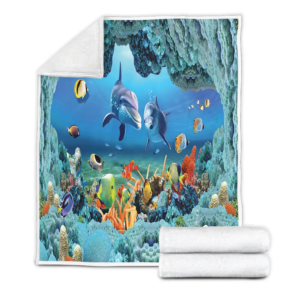Ocean Life  Sea World Dolphin and Fish Fleece Blanket Gift For Christmas Thanksgiving Halloween