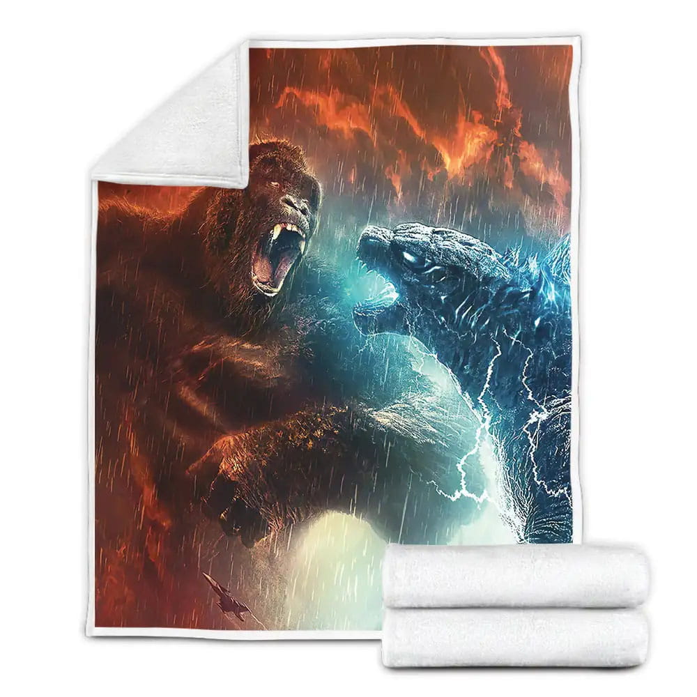 Godzilla Fights Kong In The Rain Fleece Blanket Gift For Birthday Halloween Christmas Thanksgiving