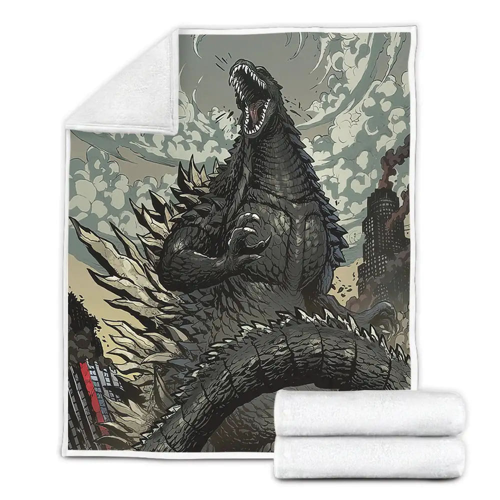 Godzilla Destroys The City In Manga Art Fleece Blanket Gift For Christmas Thanksgiving Halloween