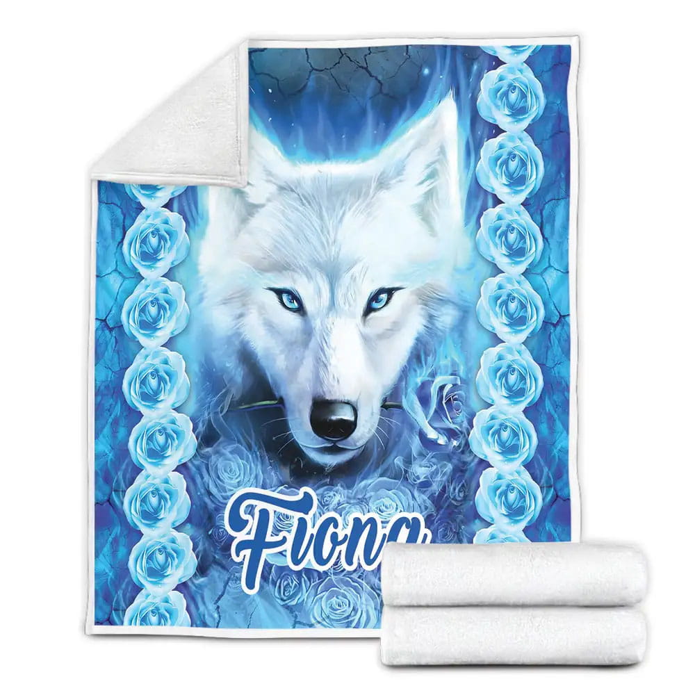 Petmytshirt White Wolf Blue Rose Fleece Blanket Gift For Birthday Halloween Christmas Thanksgiving