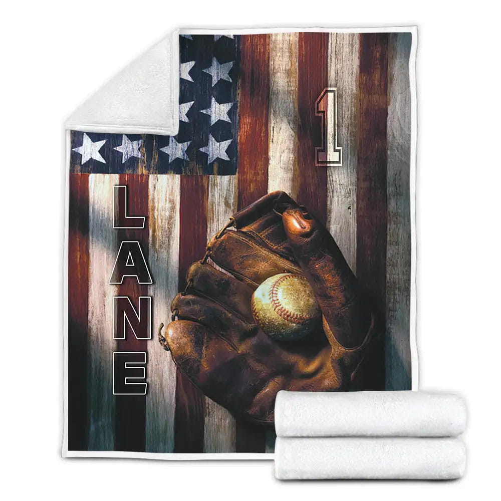 American Flag Baseball Custom Name Number Fleece Blanket Gift For Christmas Thanksgiving Halloween