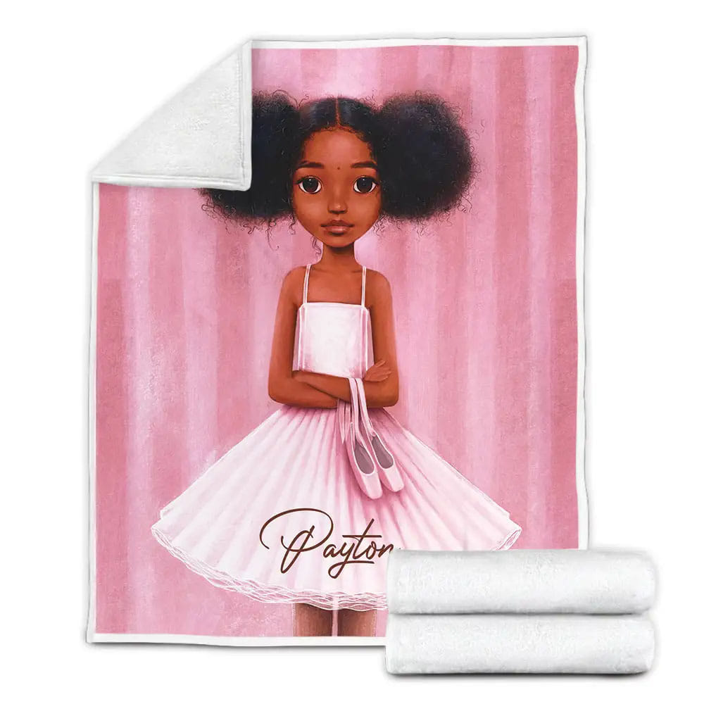 Black Little Girl Ballet Pink Custom Name Fleece Blanket Gift For Christmas Thanksgiving Halloween