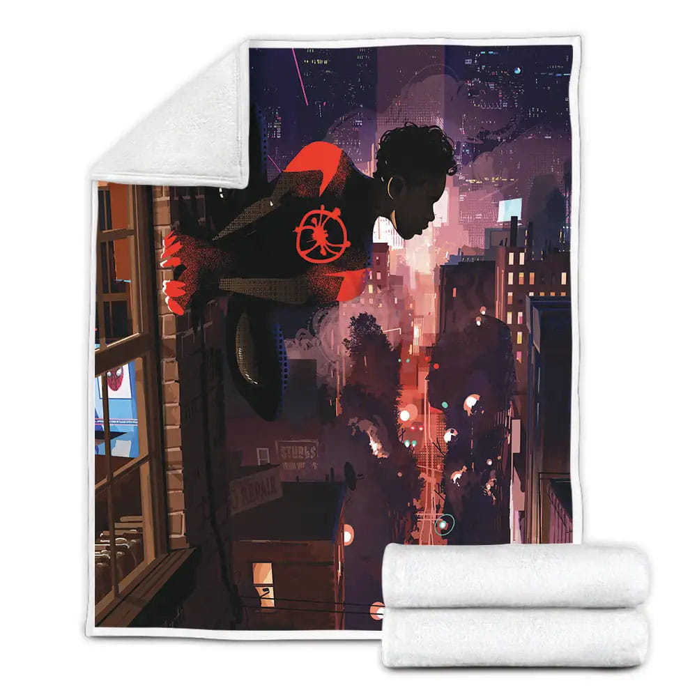 Miles Morales Spider-Man On A Wall Artwork Fleece Blanket Gift For Christmas Thanksgiving Halloween