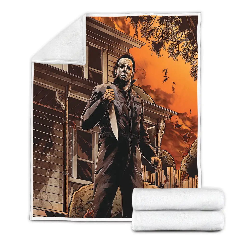 Michael Myers Outside The Deadly House In Comic Art Style Fleece Blanket Gift For Wife Husband Besties