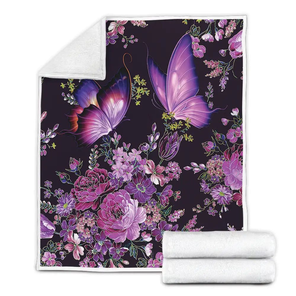 Purple Butterfly And Flowers In Digital Art Fleece Blanket Gift For Christmas Thanksgiving Halloween