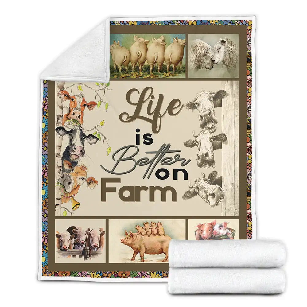 Farming Theme Life Is Better On Farm Fleece Blanket Gift For Birthday Halloween Christmas Thanksgiving