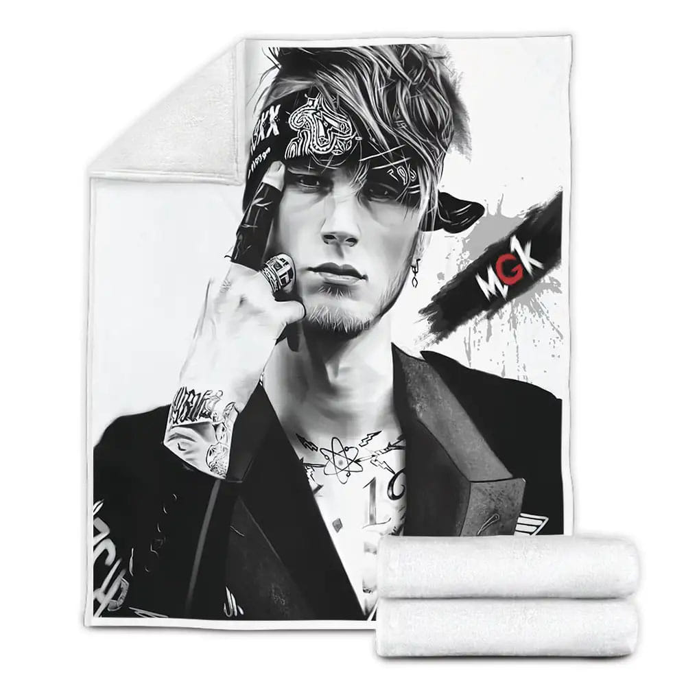 Machine Gun Kelly Black And White Illustration Fleece Blanket Gift For Christmas Thanksgiving Halloween