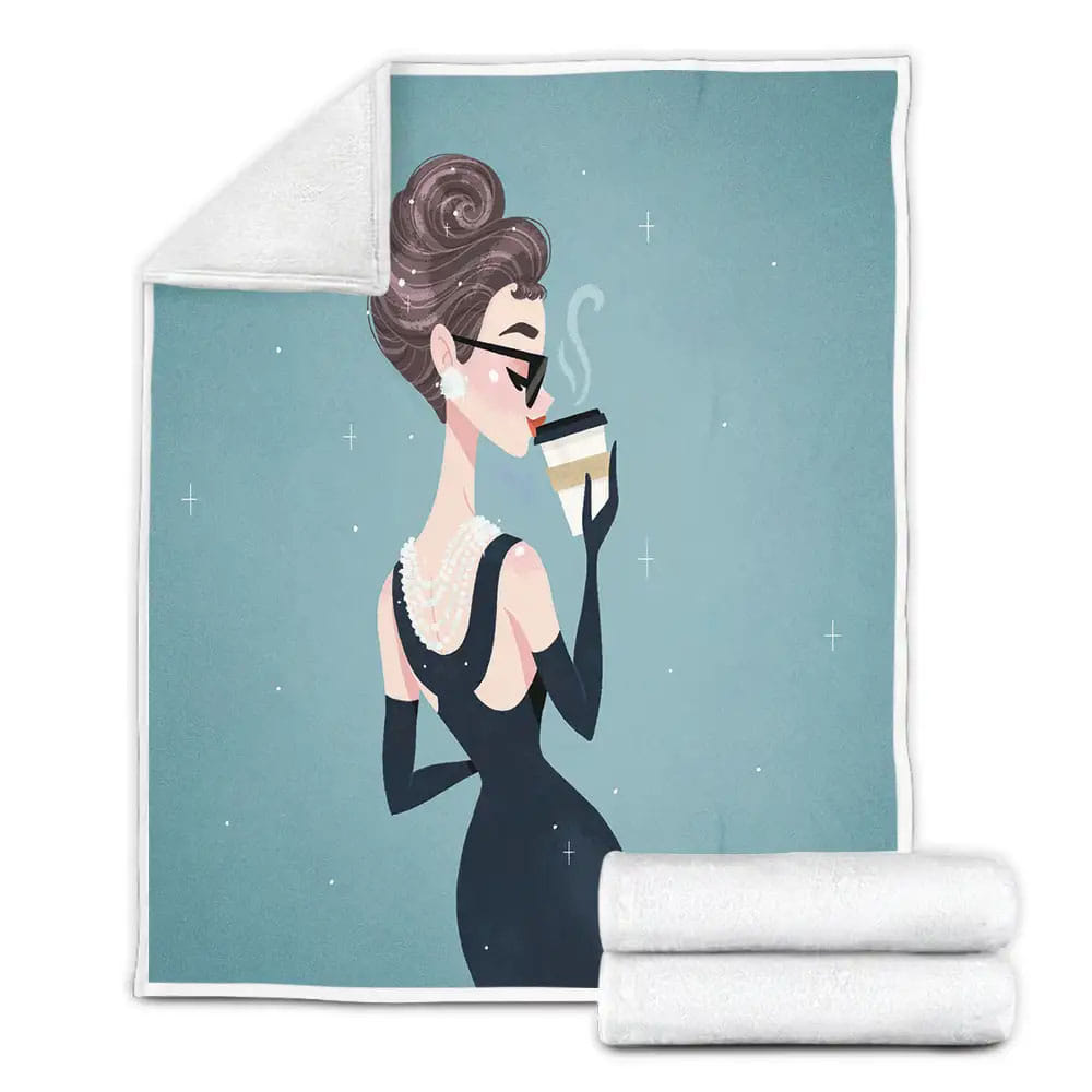 Audrey Hepburn In Fancy Dress Sipping Coffee Fleece Blanket Gift For Christmas Thanksgiving Halloween