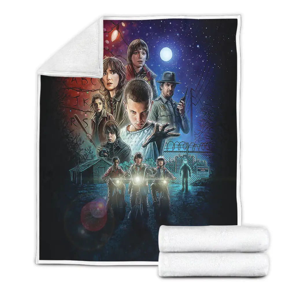 Stranger Things Characters In Animated Poster Fleece Blanket Gift For Christmas Thanksgiving Halloween