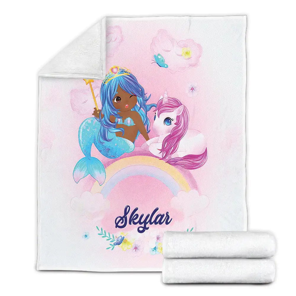 Cute Black Little Girl Black Mermaid And Unicorn Custom Name Fleece Blanket Gift For Wife Husband Besties