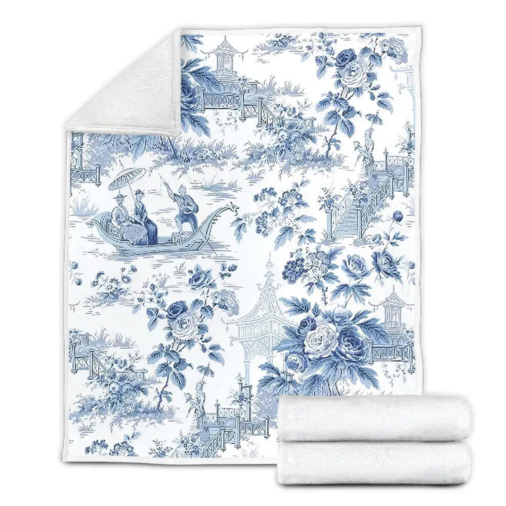Powder Blue Chinoiserie Toile Customize Fleece Blanket Gift For Birthday Halloween Christmas Thanksgiving
