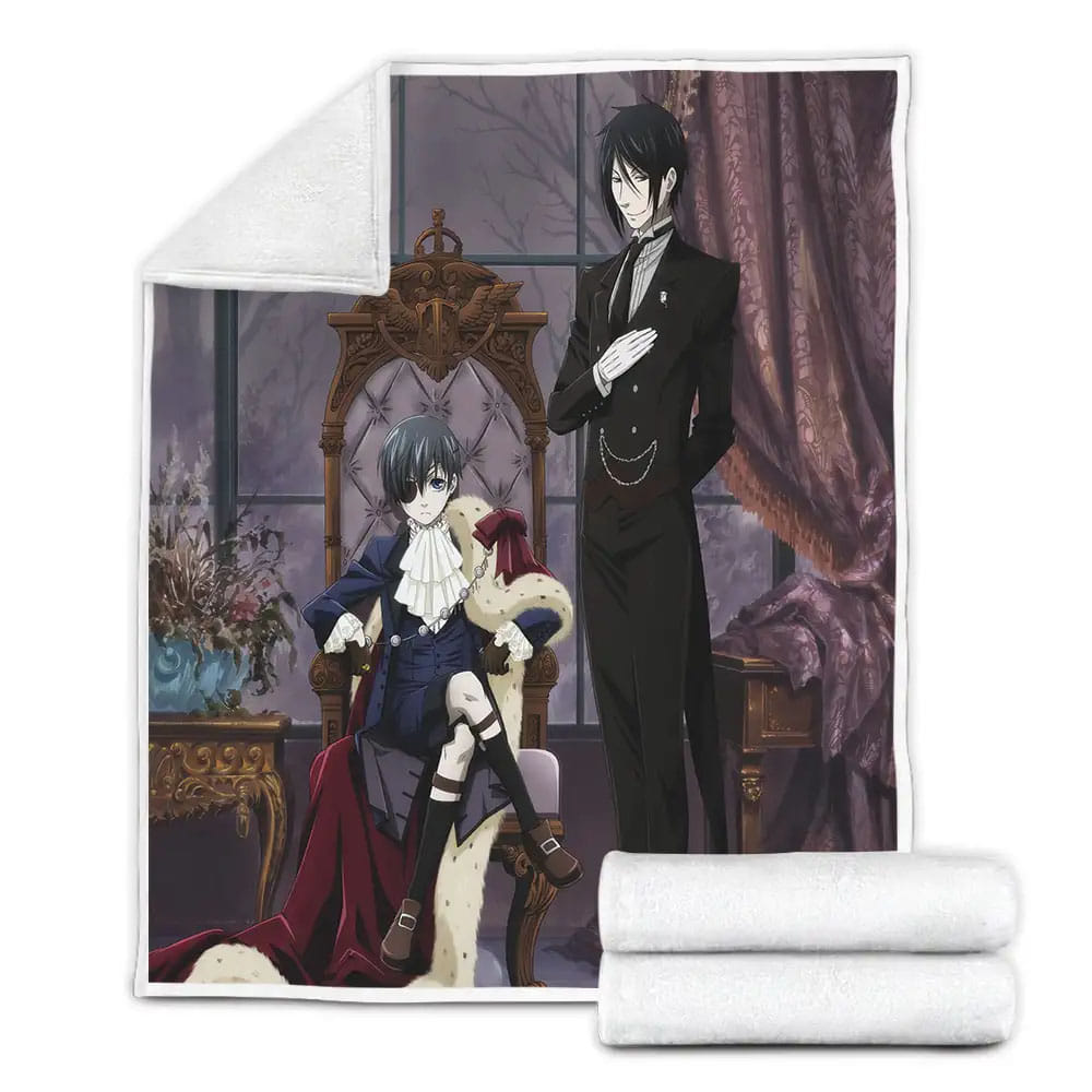 Black Butler Ciel And Sebastian With The Skulls Fleece Blanket Gift For Christmas Thanksgiving Halloween