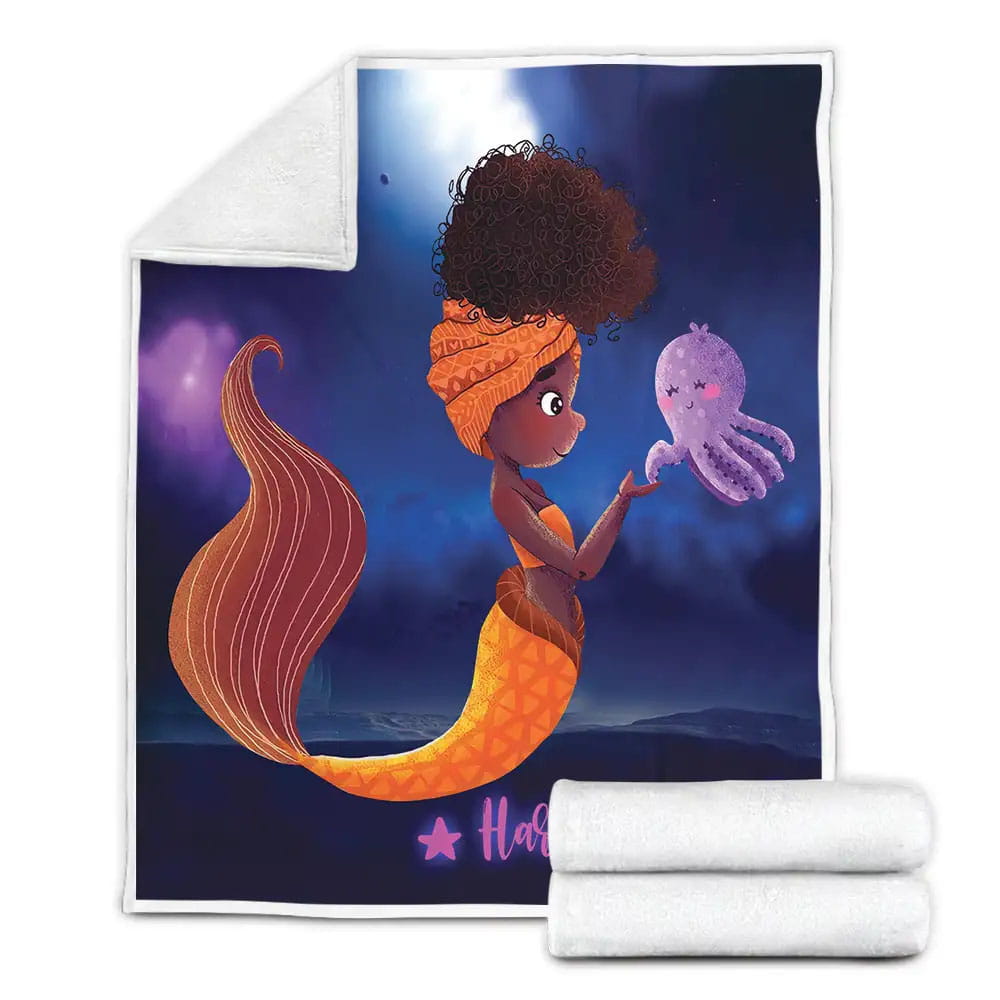 Petmytshirt Cute Black Little Girl Black Mermaid With Jellyfish Custom Name Fleece Blanket Perfect 