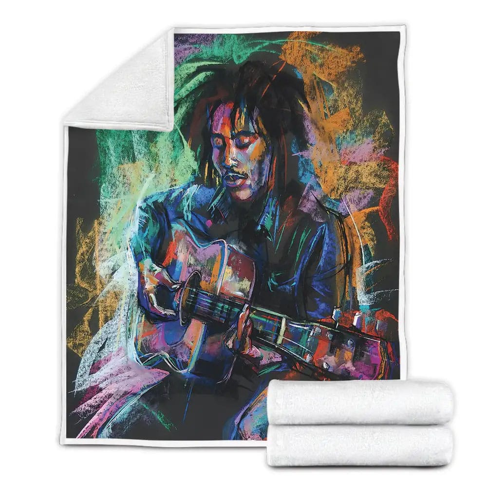 Bob Marley And His Guitar Wax Color Painting Fleece Blanket Gift For Birthday Halloween Christmas Thanksgiving