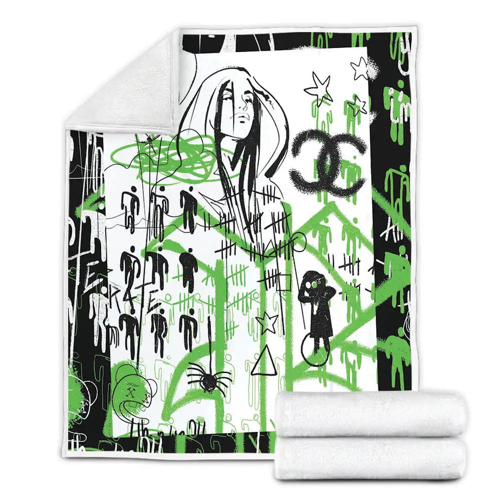 Billie Eilish Street Art Drawing In Green And Black Fleece Blanket Gift For Christmas Thanksgiving Halloween