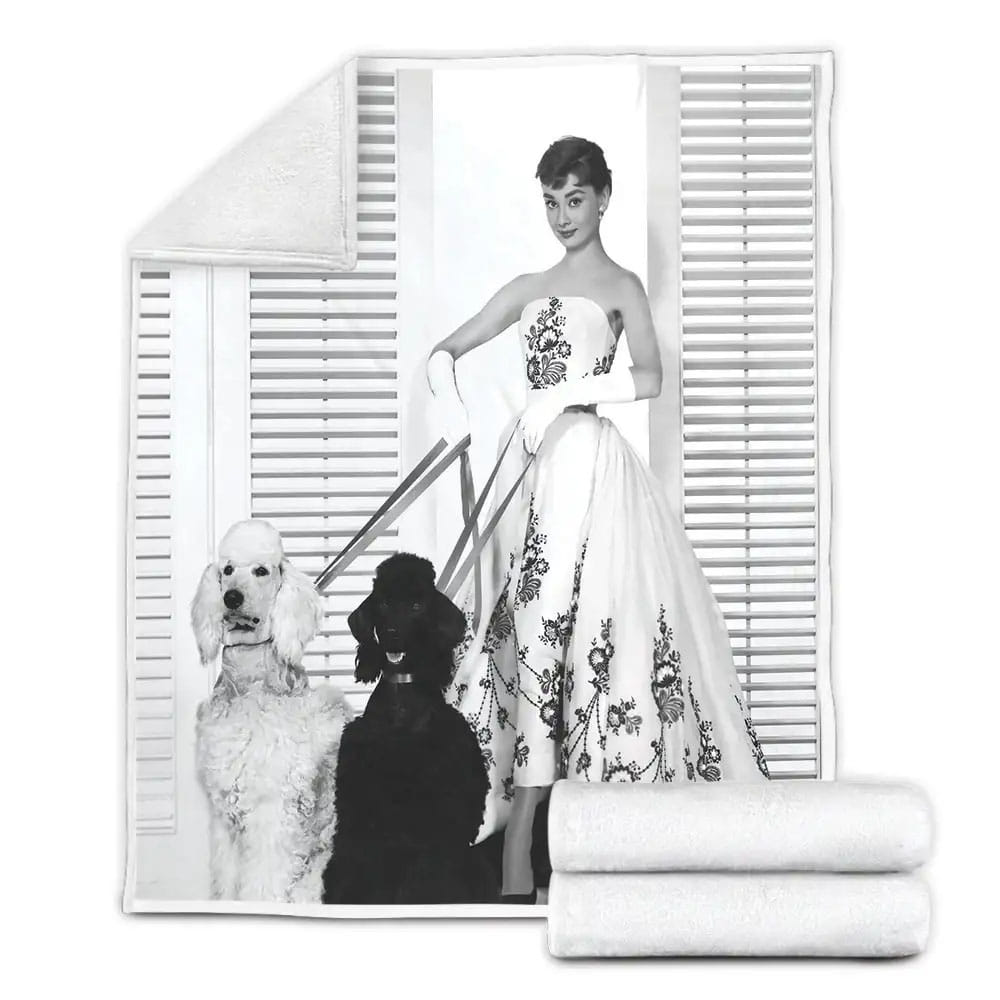 Audrey Hepburn Walking The Black And White Dogs Fleece Blanket Gift For Birthday Halloween Christmas Thanksgiving