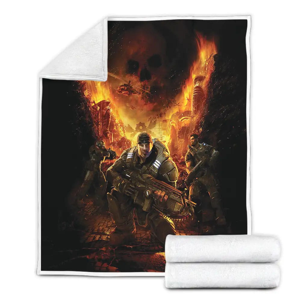 Gears Of War Characters And The Flaming Skull Fleece Blanket Gift For Birthday Halloween Christmas Thanksgiving