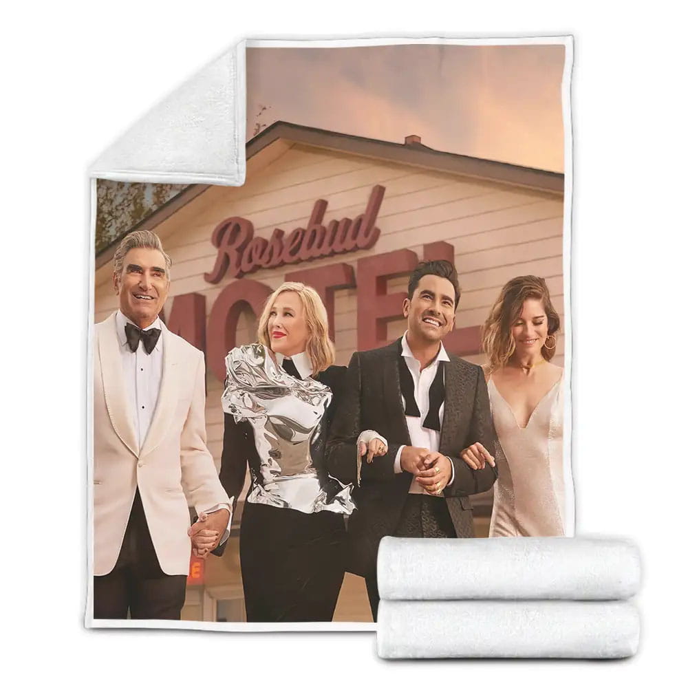 Schitts Creek Main Characters And The Rosebud Motel Fleece Blanket Gift For Christmas Thanksgiving Halloween