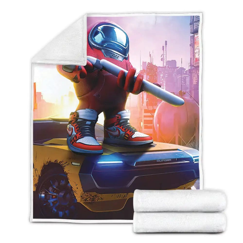 Red Among Us Standing On A Car And Holding Gun Fleece Blanket Gift For Birthday Halloween Christmas Thanksgiving