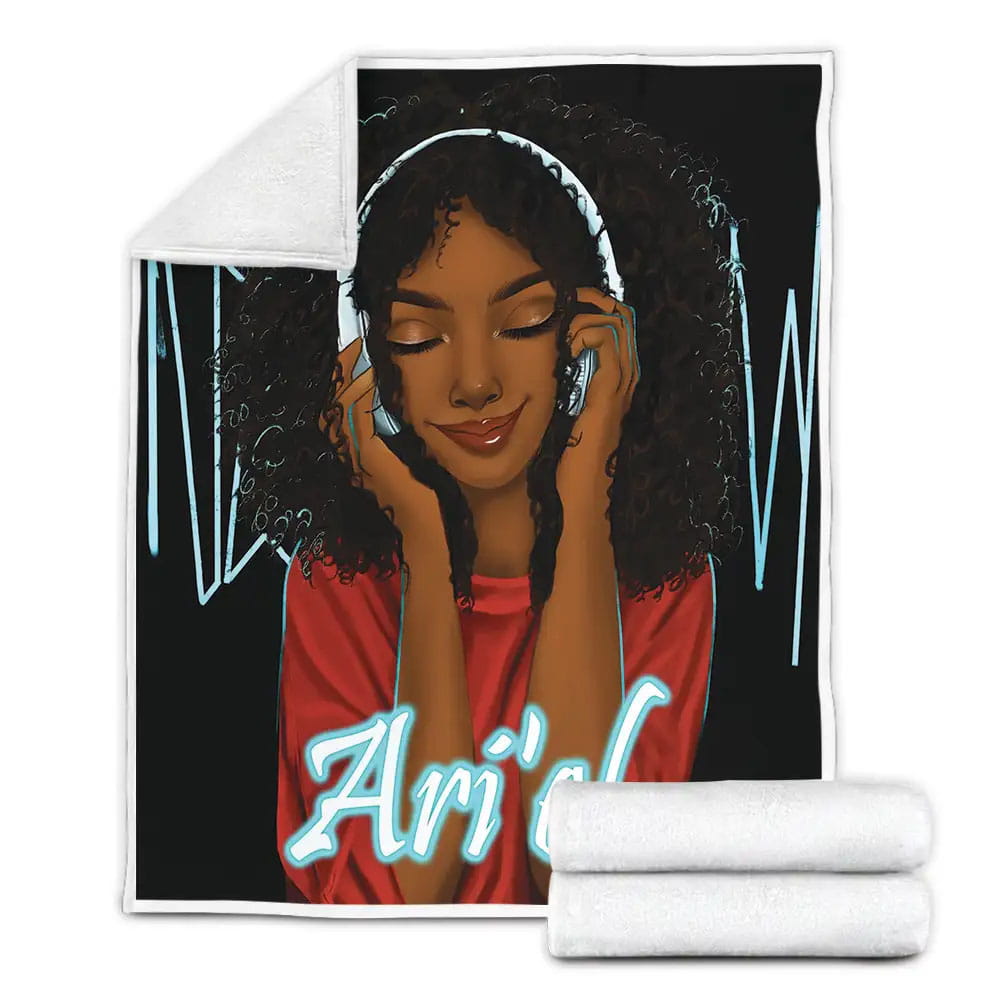 Black Girl Listen To Music African Custom Name Fleece Blanket Gift For Birthday Halloween Christmas Thanksgiving