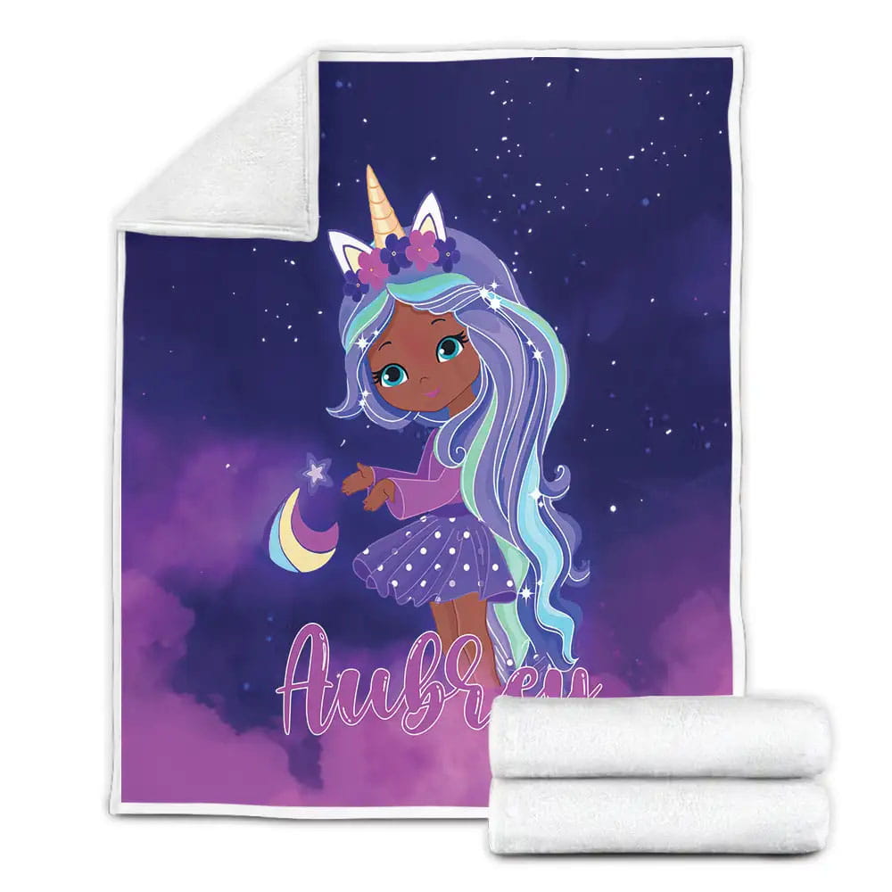 Cute Black Little Girl Unicorn Girl Custom Name Fleece Blanket Gift For Birthday Halloween Christmas Thanksgiving
