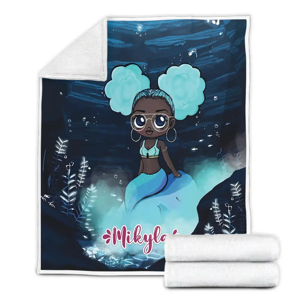 Cute Black Little Girl Minty Black Mermaid Custom Name Fleece Blanket Gift For Christmas Thanksgiving Halloween