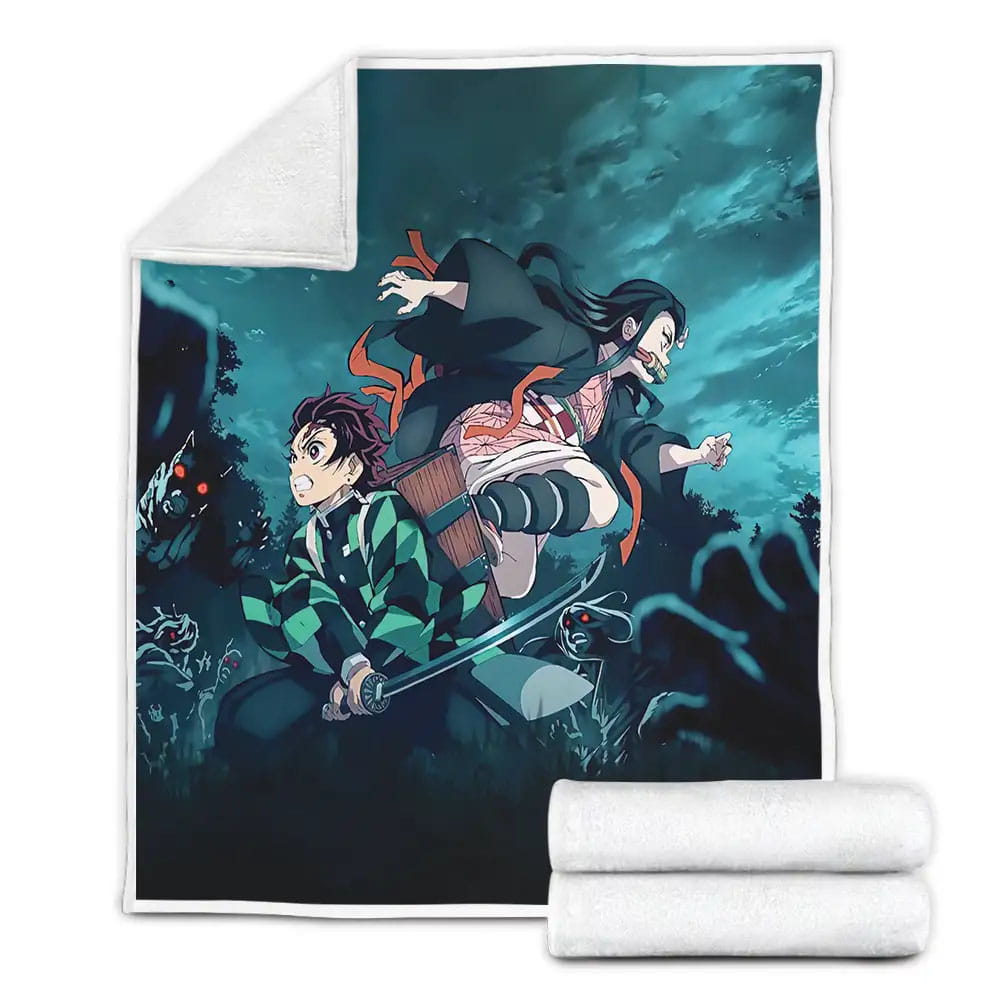 Tanjiro Kamado And Nezuko Kamado Fighting Against Demons Fleece Blanket Gift For Christmas Thanksgiving Halloween