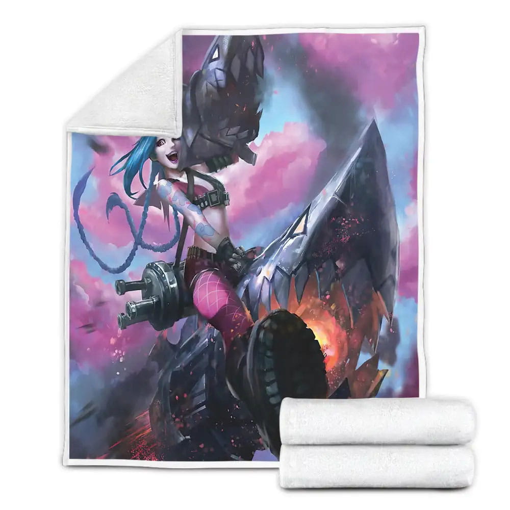 League Of Legends Jinx And Her Fishbones Rockets Artwork Fleece Blanket Gift For Christmas Thanksgiving Halloween