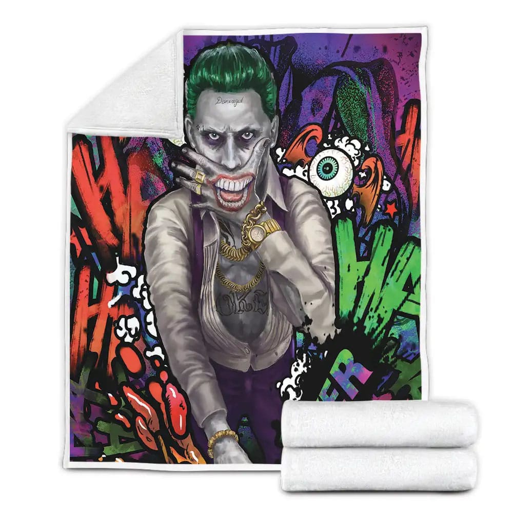 Joker By Jared Leto In Street Graffiti Background Fleece Blanket Gift For Birthday Halloween Christmas Thanksgiving