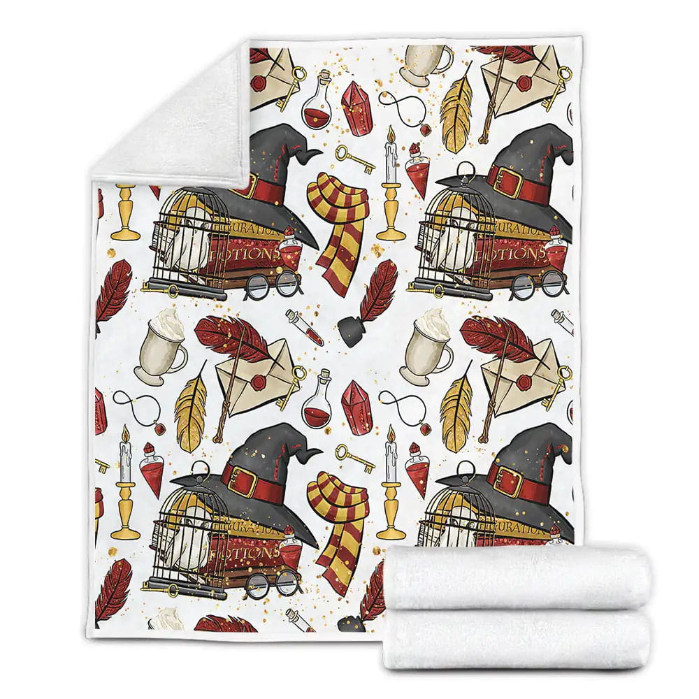Harry Potter Wizard Equipment In The First Year At Hogwarts Illustration Fleece Blanket Gift For Wife Husband Besties