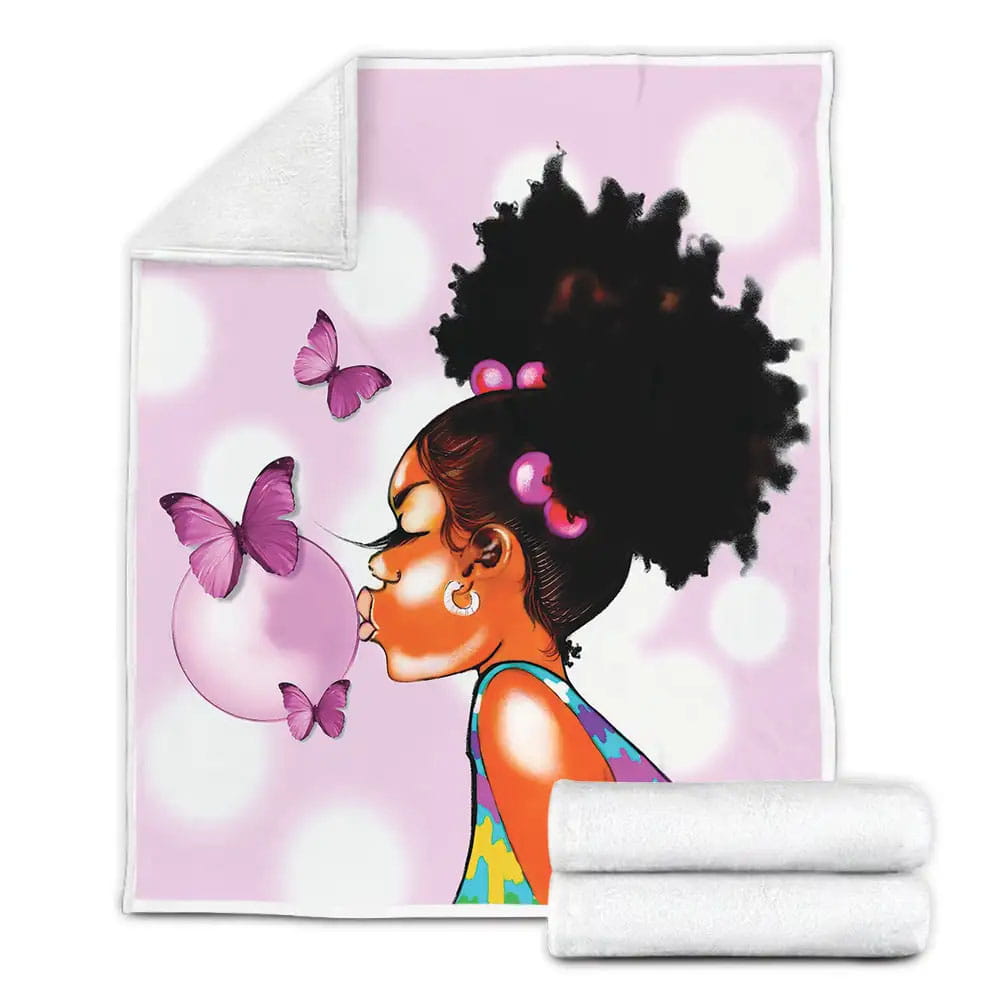 Petmytshirt Black Little Girl Bubble Butterfly Custom Name Fleece Blanket Gift For Christmas Thanksgiving Halloween
