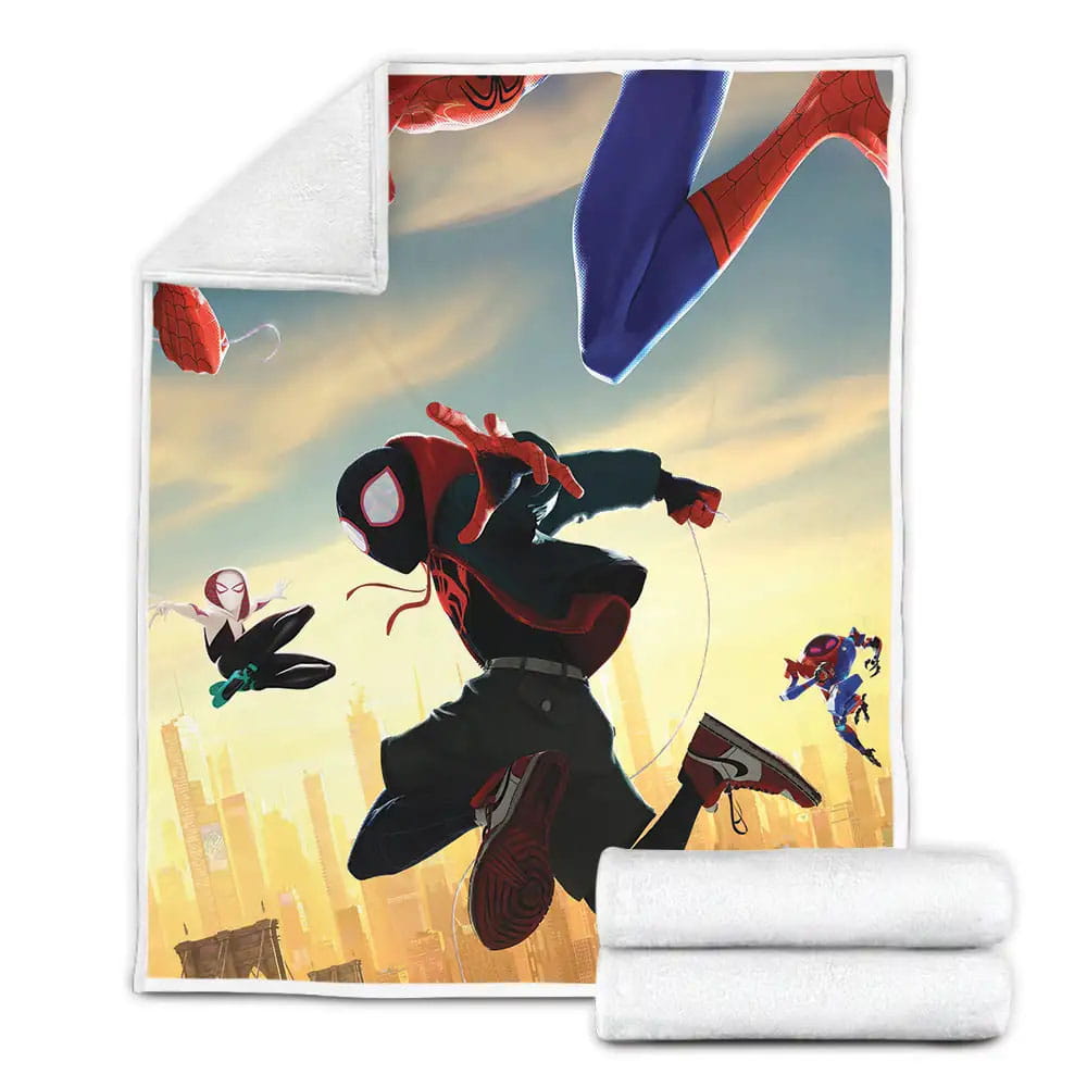 Spider Man Of Into The Spider Verse Movie Posing On The Sky Fleece Blanket Gift For Christmas Thanksgiving Halloween
