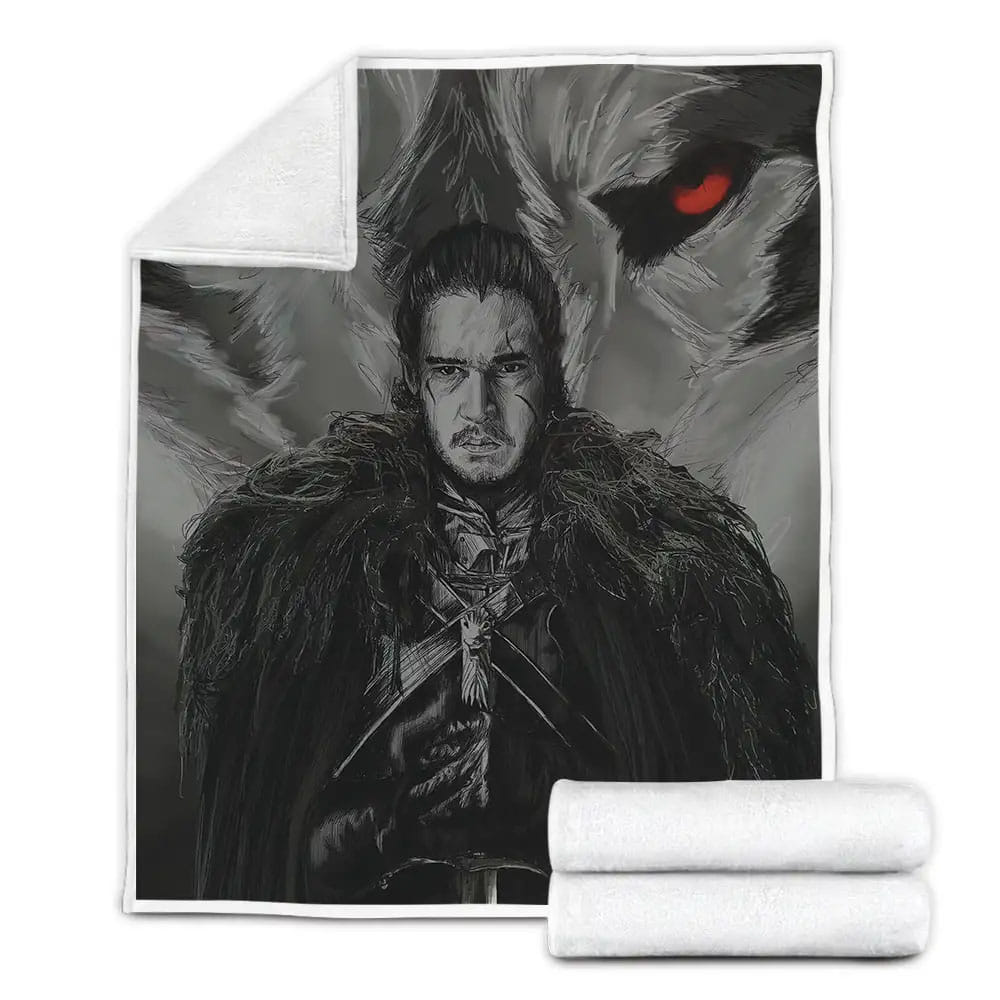 Game Of Thrones Black And White Drawing Of Jon Snow And Ghost Fleece Blanket Gift For Christmas Thanksgiving Halloween