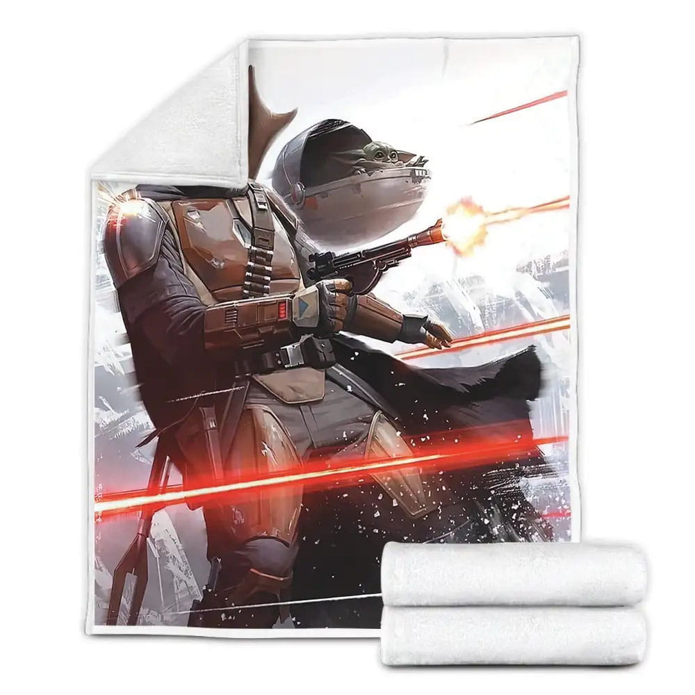 The Mandalorian And Grogu Fighting Together Illustration Fleece Blanket Gift For Birthday Halloween Christmas Thanksgiving