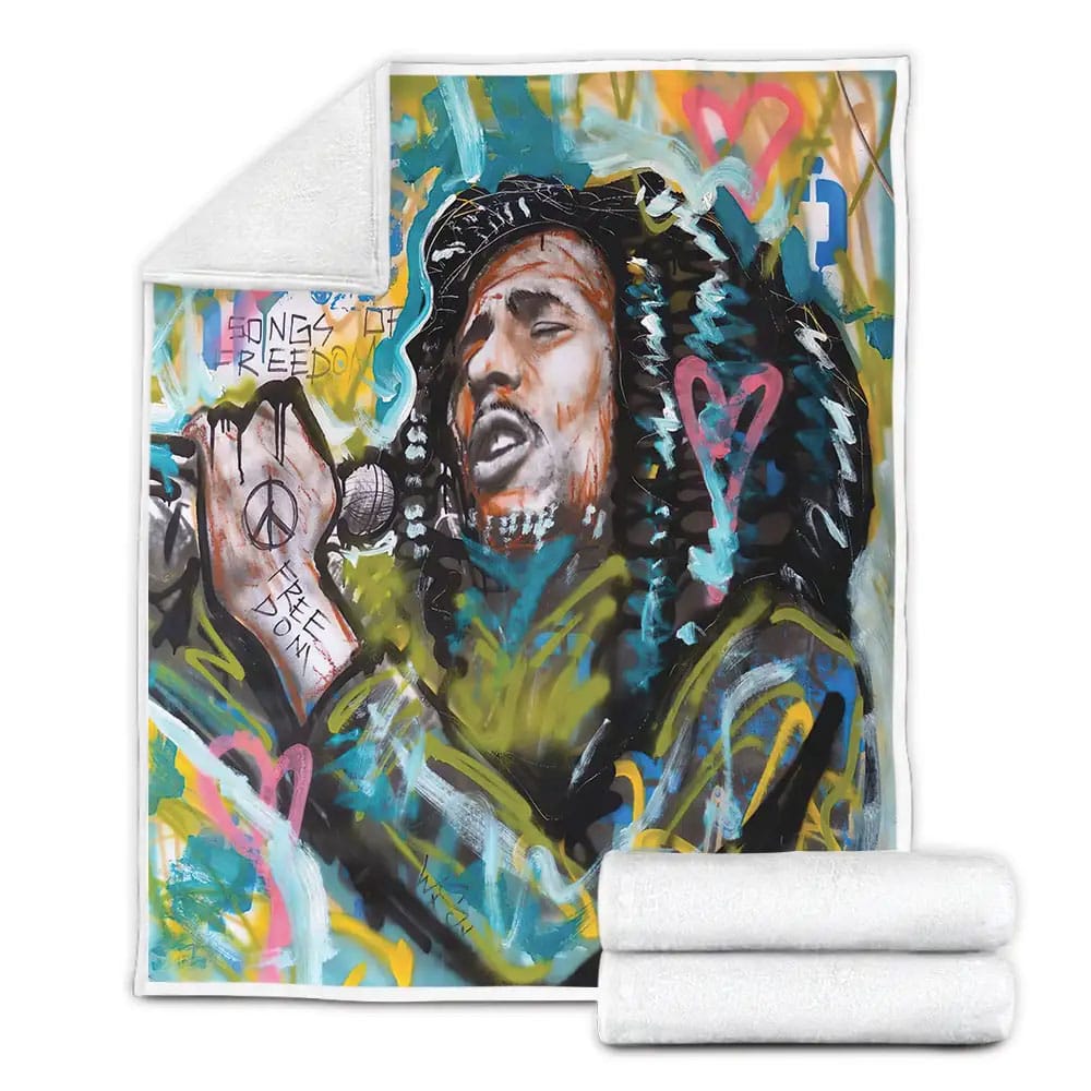 Bob Marley Singing Songs Of Freedom Street Graffiti Art Fleece Blanket Gift For Birthday Halloween Christmas Thanksgiving