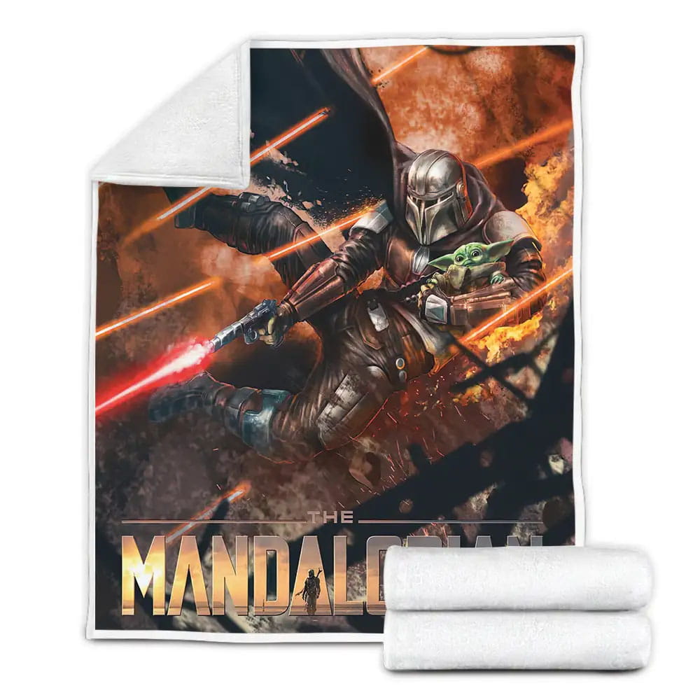 The Mandalorian Protecting Baby Grogu From Bullets Rain Fleece Blanket Gift For Birthday Halloween Christmas Thanksgiving