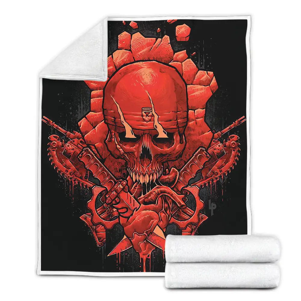 Gears Of War Skull Logo With Chainsaw And Knifes In Blood Fleece Blanket Gift For Birthday Halloween Christmas Thanksgiving