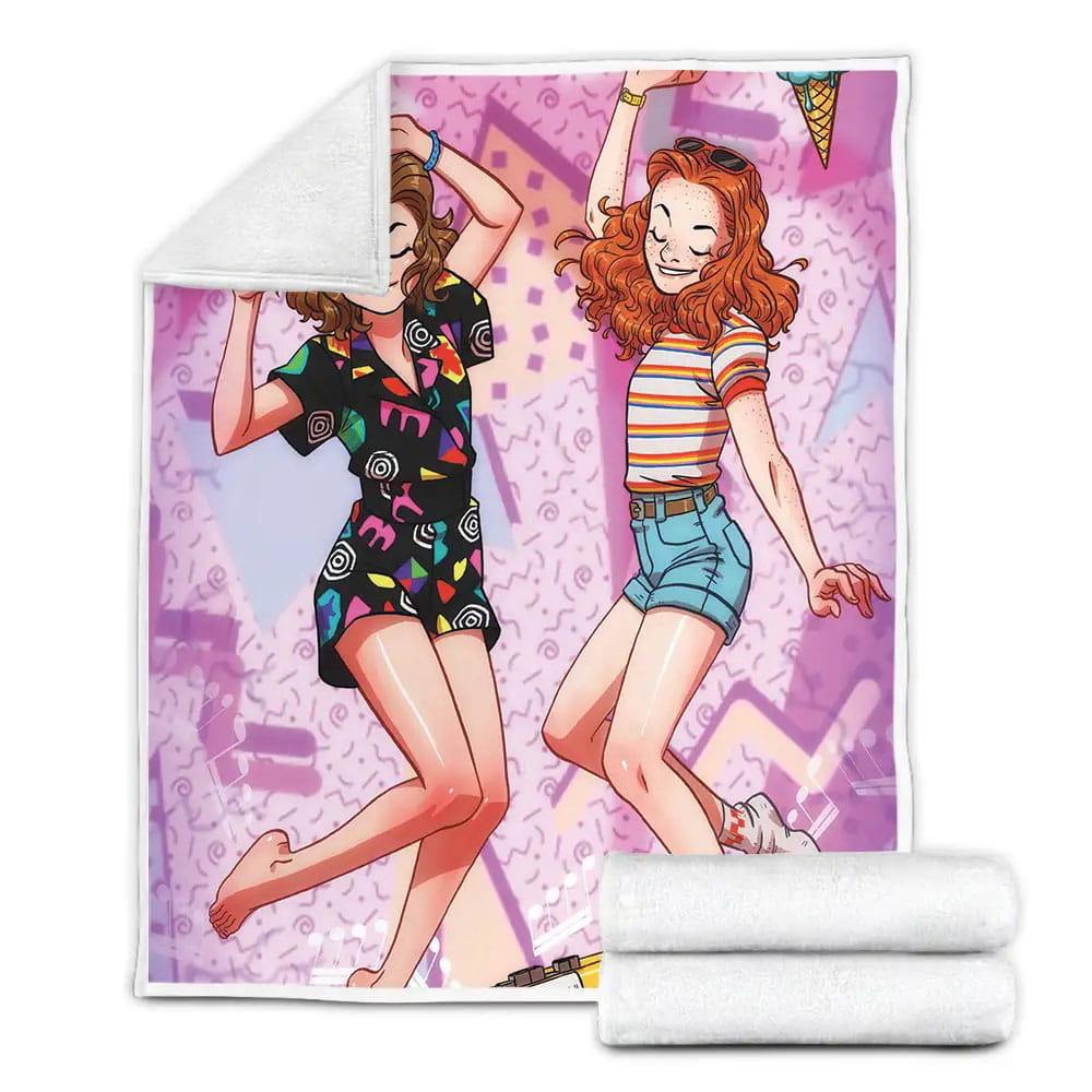 Stranger Things Eleven And Max Sleepover Cartoon Illustration Fleece Blanket 