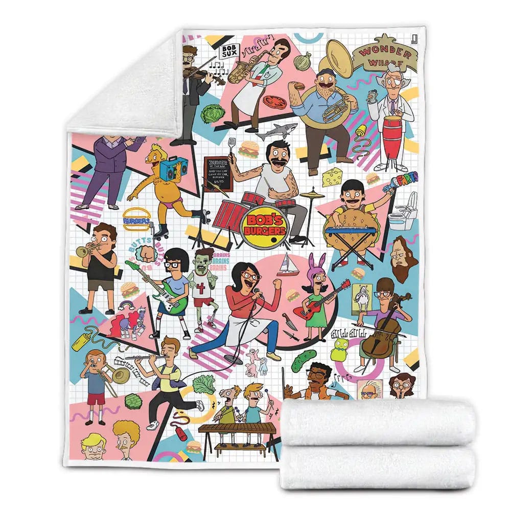 Bobs Burgers Characters Playing Music Instruments Pattern Fleece Blanket 