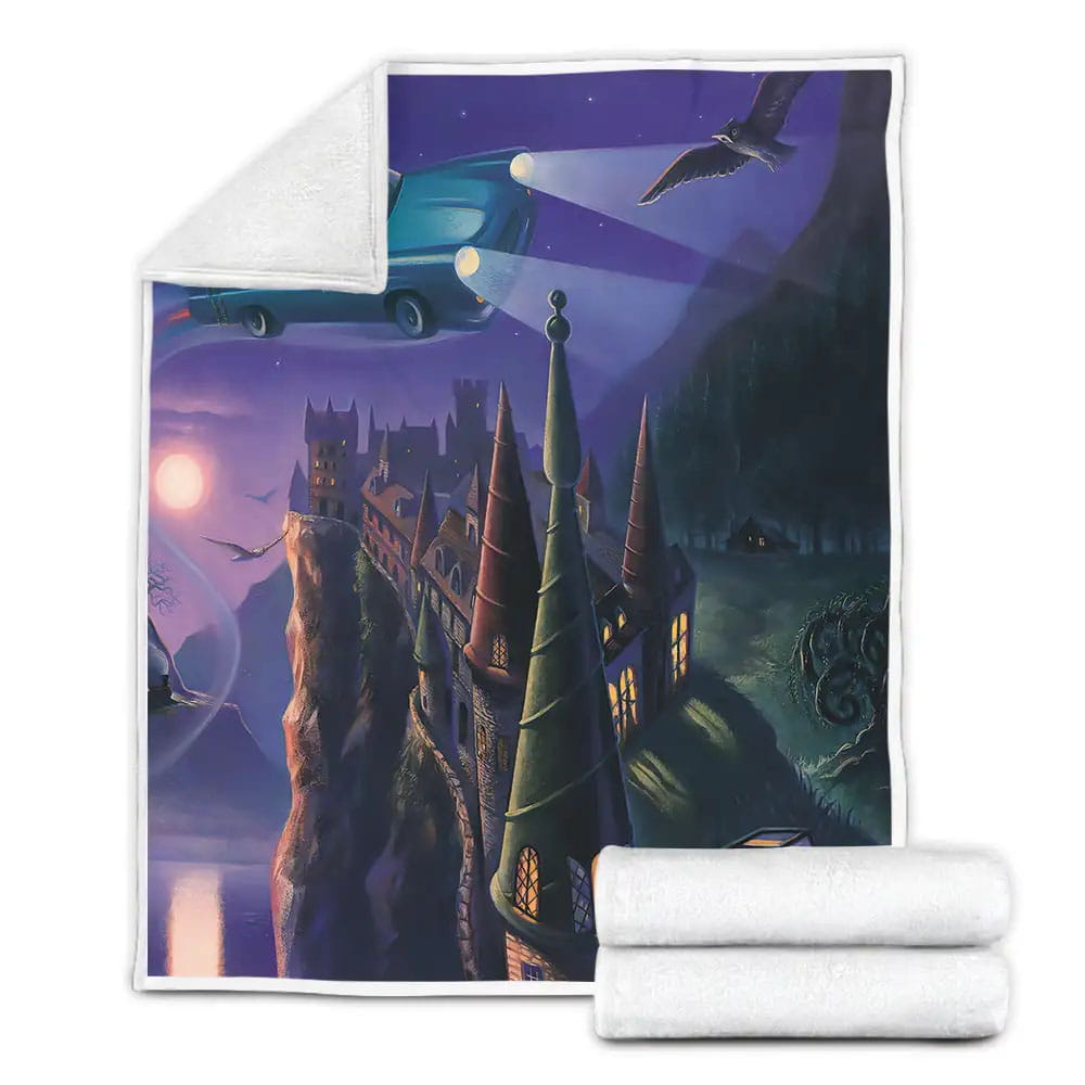 Harry Potter And Ron Riding Flying Ford Anglia To Hogwarts Illustration Fleece Blanket 