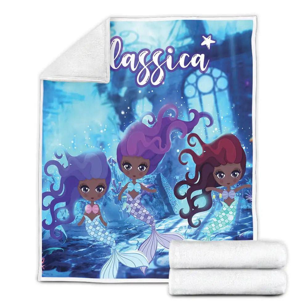 Petmytshirt Cute Black Little Girl Black Mermaid On Ocean Custom Name Fleece Blanket 