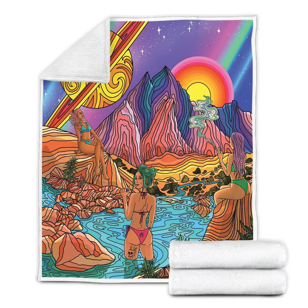 Hippie Girls Smoking Weed On Natural Stream Psychedelic Aesthetic Art Fleece Blanket 